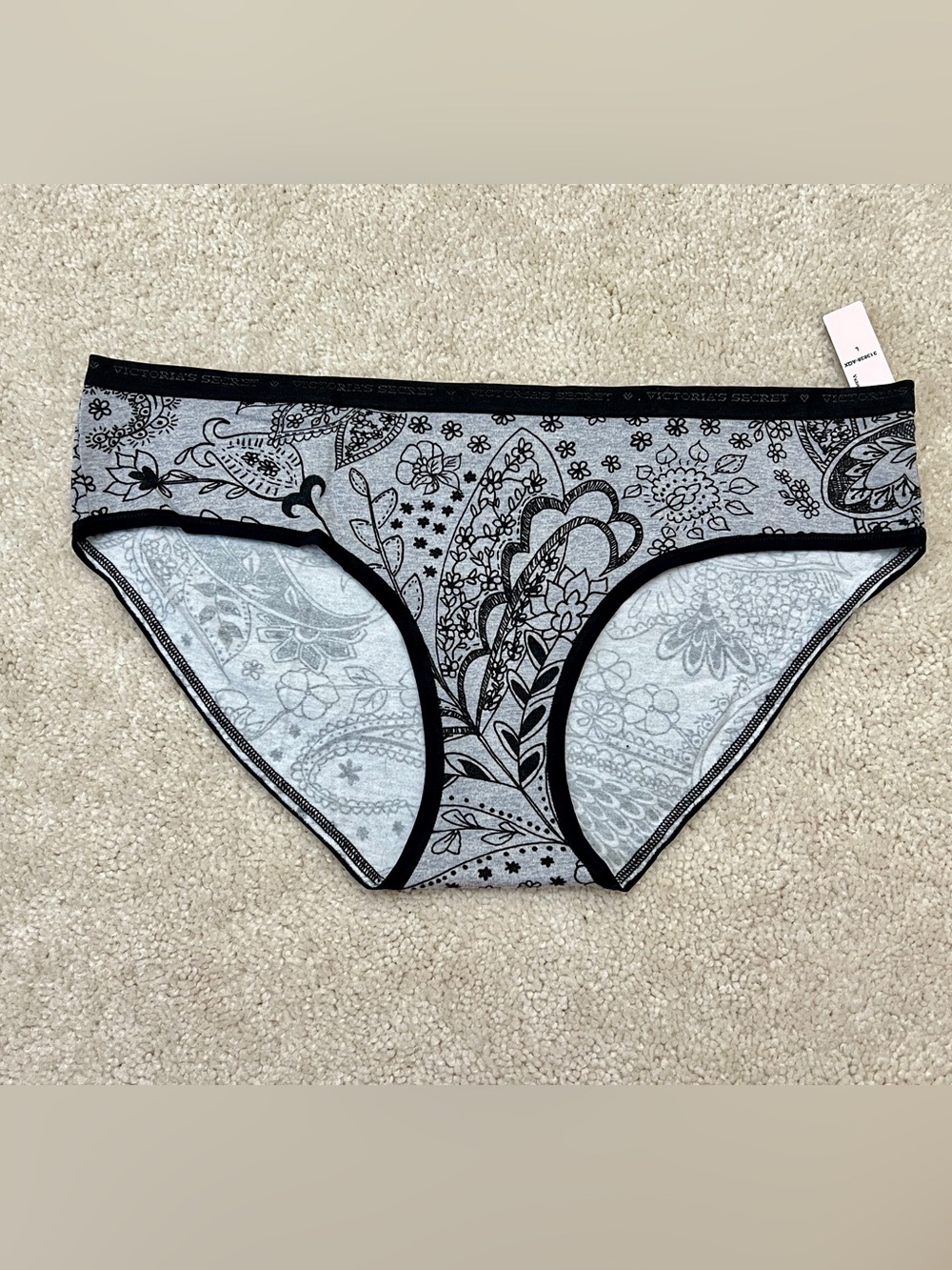 NWT Victoria's Secret Gray Paisley Logo Band Cotton Hiphugger panties Large L